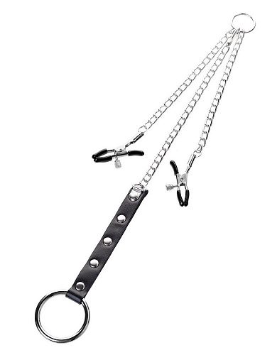 Серебристо-чёрные зажимы для сосков с кольцом для пениса ToyFa TOYFA Metal 712051