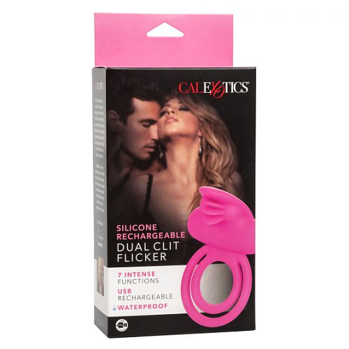Ярко-розовое эрекционное кольцо California Exotic Novelties Silicone Rechargeable Dual Clit Flicker SE-1843-10-3