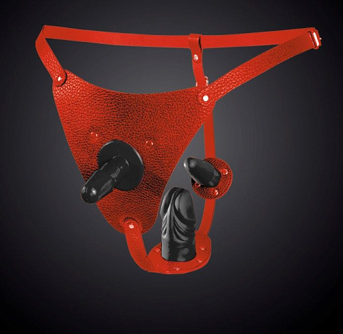 Красные кожаные трусики со штырьком и двумя съёмными стимуляторами Sitabella 3152-2