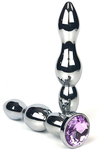 Серебристая коническая анальная пробка-ёлочка с сиреневым кристаллом Vandersex 159-MA3 (12 см)