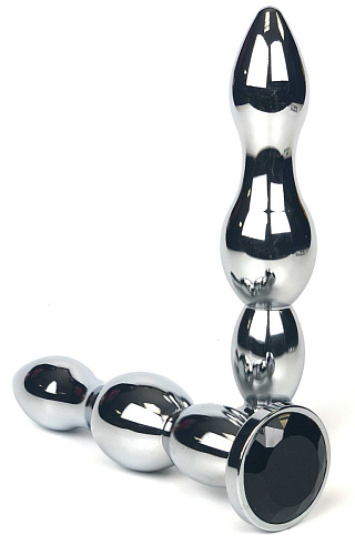 Серебристая коническая анальная пробка-ёлочка с чёрным кристаллом Vandersex 159-MA12 (12 см)
