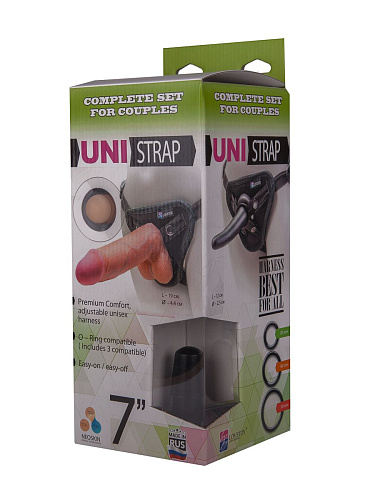 Страпон-унисекс с двумя насадками телесного цвета LOVETOY (А-Полимер) UNI strap 7 Harness 532303 (19 и 12 см)
