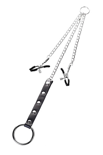 Серебристо-чёрные зажимы для сосков с кольцом для пениса ToyFa TOYFA Metal 712051