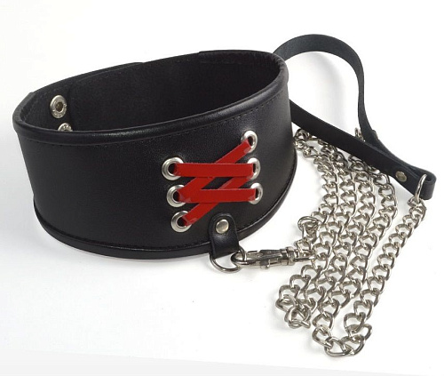 Широкий чёрный ошейник с красной декоративной шнуровкой и поводком Sitabella 3165-1