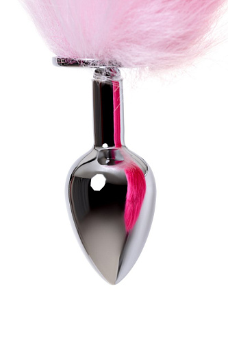 Серебристая анальная втулка с бело-розовым хвостом ToyFa 712028-S (размер S)