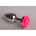 Серебристая анальная пробка с розовой розочкой 4sexdreaM 47181 (7,6 см)