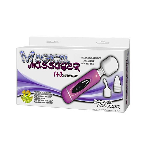 Вибромассажёр розово-белого цвета с 3 силиконовыми насадками и 12 режимами вибрации Baile BW-055002-0101 (20 см)