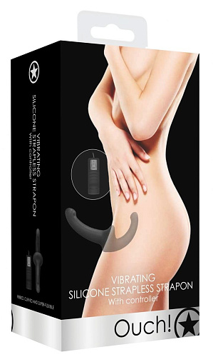 Чёрный безремневой вибрострапон с пультом управления Shots Media BV Vibrating Silicone Strapless Strapon OU323BLK