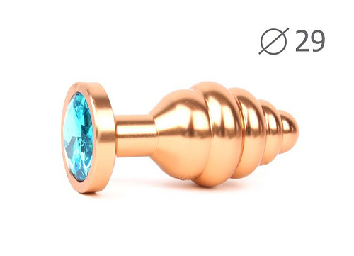 Коническая ребристая золотистая анальная втулка с голубым кристаллом Anal Jewelry Plug AG-05-S (7,1 см)