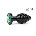 Коническая ребристая чёрная анальная втулка с зелёным кристаллом Anal Jewelry Plug ABCK-07-M (8 см)
