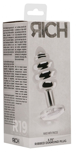 Серебристая ребристая анальная пробка с прозрачным кристаллом Shots Media BV RIC019SIL (9,2 см)