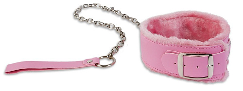 Розовый ошейник с меховой подкладкой и поводком Пикантные штучки DP543