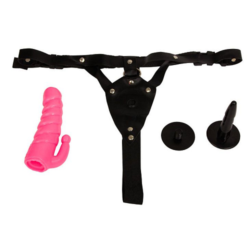 Женский страпон розового цвета с фаллоимитатором и стимулятором ануса Baile BW-022031-0101 (13,5 см)