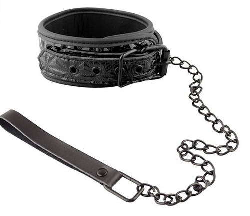 Чёрный кожаный ошейник с поводком Erokay Collar With Leash EK-3103BLK