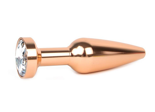 Удлиненная коническая гладкая золотистая анальная втулка с прозрачным кристаллом Anal Jewelry Plug XGLD-01 (11,3 см)