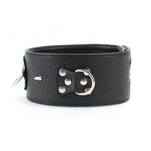 Чёрный кожаный ошейник с кольцами и клёпками БДСМ арсенал 55019