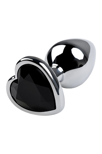 Серебристая коническая анальная пробка с чёрным кристаллом-сердечком ToyFa 717013-5 (7 см)