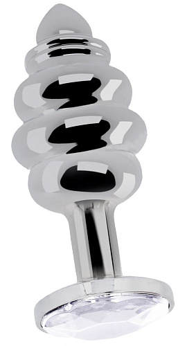 Серебристая ребристая анальная пробка с прозрачным кристаллом Shots Media BV RIC019SIL (9,2 см)