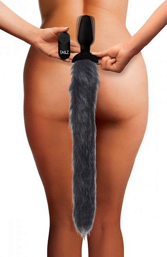 Чёрная анальная вибропробка с серым лисьим хвостом XR Brands Grey Fox Tail Vibrating Anal Plug AG187