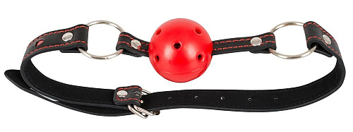 Красный кляп-шар с отверстиями для дыхания на чёрных ремешках с сердечками Orion 2492040 1001