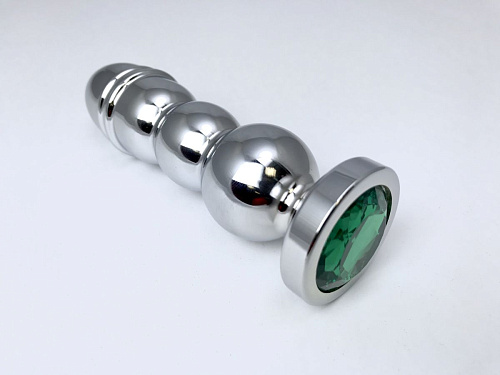 Серебристая закругленная анальная пробка-ёлочка с зелёным кристаллом Vandersex 159-MAT18 (13 см)