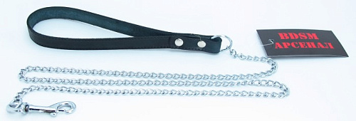 Металлический поводок с чёрной кожаной ручкой БДСМ арсенал 57002