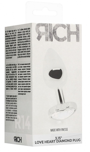 Серебристая анальная пробка с прозрачным кристаллом в форме сердца Shots Media BV RIC014SIL (8,2 см)