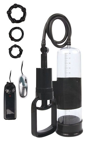 Прозрачная вакуумная вибропомпа для увеличения фаллоса с 3 эрекционными кольцами Bior toys SEM-55124