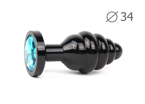 Коническая ребристая чёрная анальная втулка с голубым кристаллом Anal Jewelry Plug ABCK-05-M (8 см)