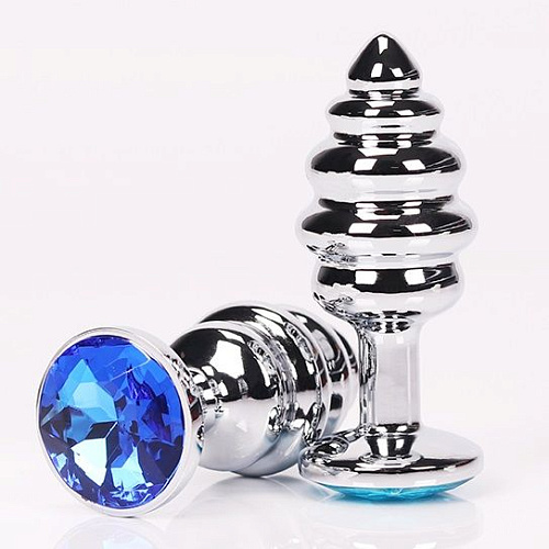 Серебристая анальная фигурная пробка с синим стразом 4sexdreaM 47146-3 (9 см)