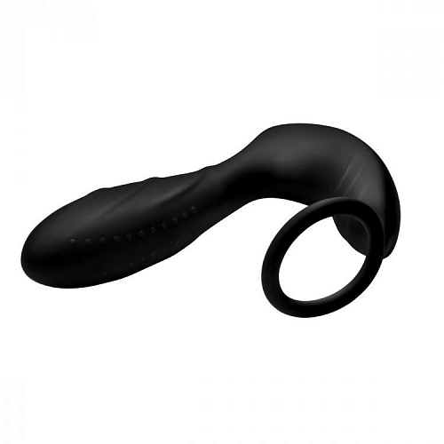 Чёрный вибростимулятор простаты XR Brands Silicone Prostate Vibrator and Strap with Remote Control AF871 (14,35 см)