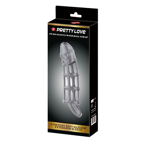 Серая силиконовая насадка на пенис с рельефом и подхватом Baile BI-026234 (17 см)