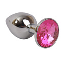 Серебряная металлическая анальная пробка с розовым стразиком 4sexdreaM 47021 (7,6 см)
