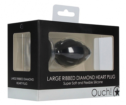 Чёрная анальная пробка Shots Media BV Large Ribbed Diamond Heart Plug OU458BLK (8 см)