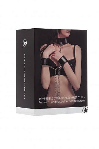 Чёрный двусторонний ошейник с наручниками Shots Media BV Reversible Collar and Wrist Cuffs OU187BLK