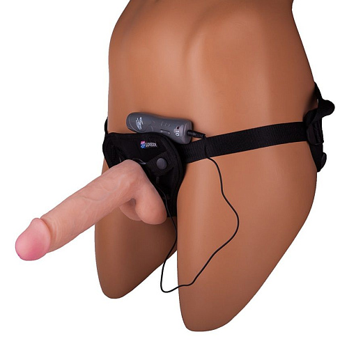 Страпон чёрного цвета с 2 бежевыми насадками и вибрацией LOVETOY (А-Полимер) UniStrap 532313 (19 и 12 см)