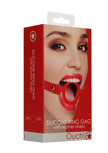 Красный кляп-кольцо с кожаными ремешками Shots Media BV Silicone Ring Gag with Leather Straps OU463RED