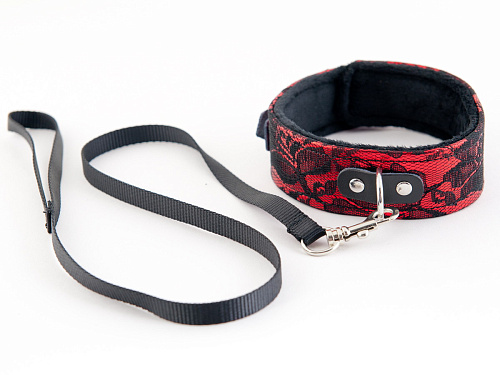 Красный кружевной ошейник с чёрным принтом ToyFa 713002