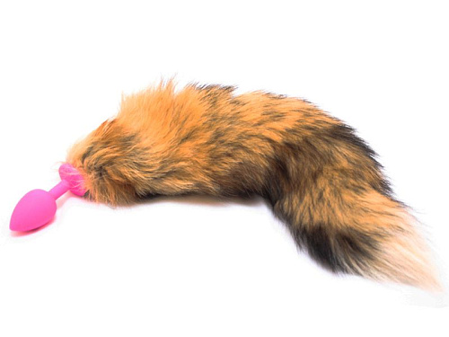 Розовая силиконовая анальная пробка с рыжим хвостом Vandersex 124-1P (6,8 см, размер S)