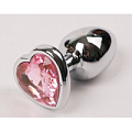 Серебристая анальная пробка с розовым стразиком-сердечком 4sexdreaM 47140-1 (8 см)