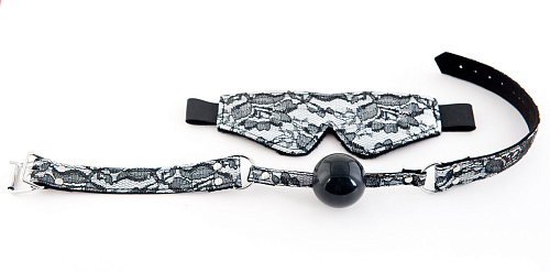 Серебристый кружевной набор на чёрных застежках — маска и кляп ToyFa 716031