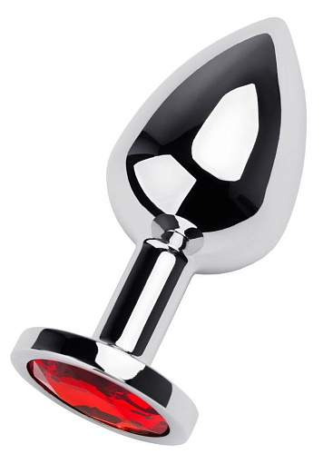 Серебристая гладкая анальная пробка с красным кристаллом Штучки-дрючки 690108 (8 см)