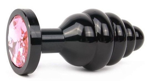 Чёрная ребристая анальная втулка с розовым кристаллом Anal Jewelry Plug ABCK-02-S (7,1 см)