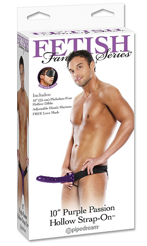 Мужской полый фиолетовый страпон на чёрном ремешке Pipedream 10  Purple Passion Hollow Strap-On PD3948-12