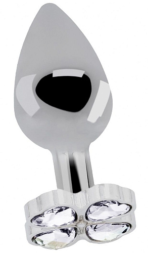 Серебристая анальная пробка с прозрачными кристаллами в форме клевера Shots Media BV RIC012SIL (7 см)