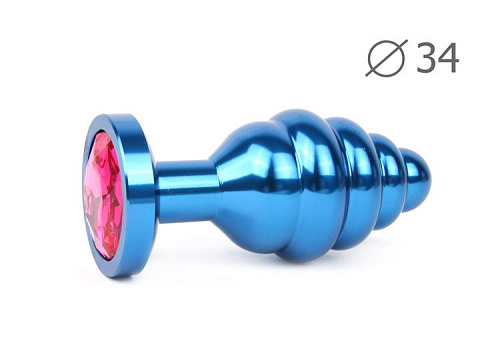 Коническая ребристая синяя анальная втулка с малиновым кристаллом Anal Jewelry Plug ABL-14-M (8 см)