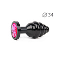 Коническая ребристая чёрная анальная втулка с малиновым кристаллом Anal Jewelry Plug ABCK-14-M (8 см)