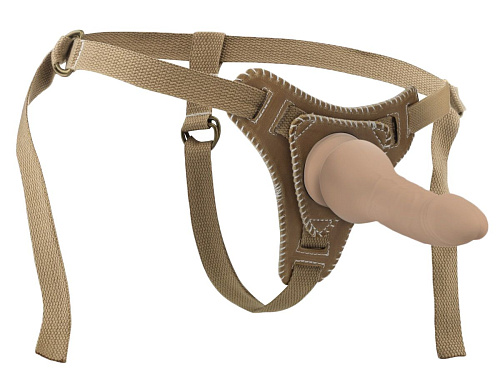 Бежевый фаллос на кожаных трусиках Shots Media BV OU170BRN-F (15 см)