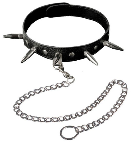 Чёрный кожаный ошейник с шипами и цепочкой Sitabella 3103-1