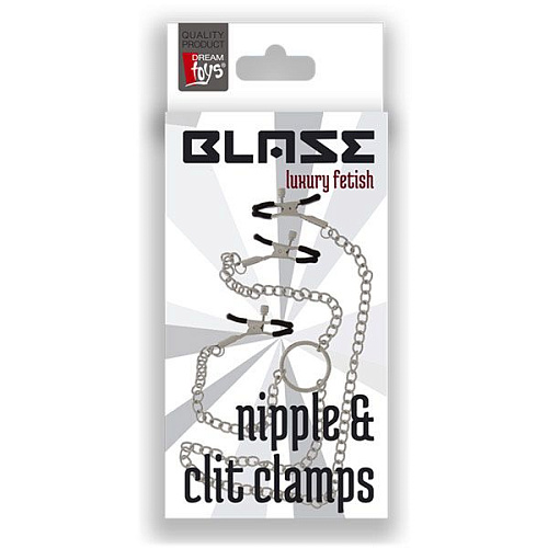 Серебристые клипсы на соски, соединённые цепью с зажимом для клитора Dream Toys 21343